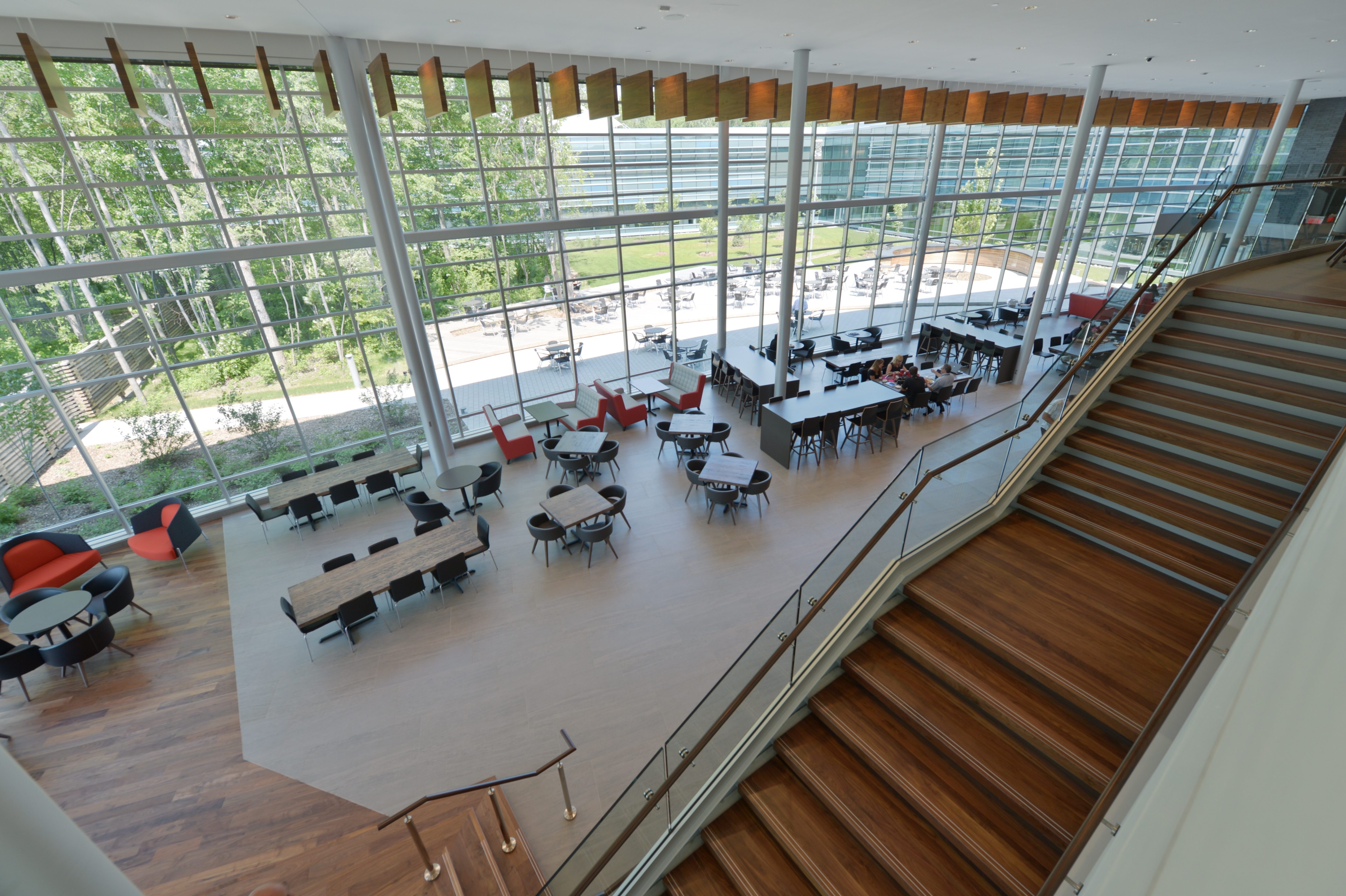 Le nouveau siège social offre une abondante fenestration. Tous les employés ont d'ailleurs une vue sur la forêt environnante. Ici, photo de la cafétéria. Source: Agropur