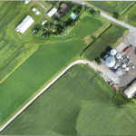 Photo aérienne prise à l'aide du drone à Saint-Polycarpe. Le champ de maïs à gauche présente des problèmes de drainage. Cliquez pour télécharger la photo à haute résolution et regarder de plus près.