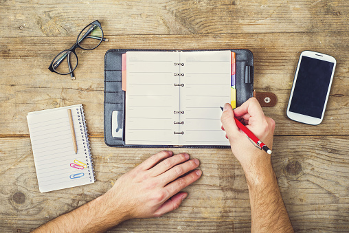 Desktop mix on a wooden office table.