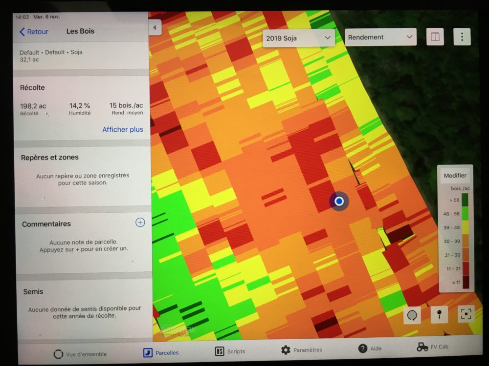 Carte de rendement d'un champ de soya récolté cet automne