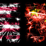 United States of America, USA vs China, Chinese New Year celebration sparkling fireworks flags concept background. Combination of two abstract states flags.