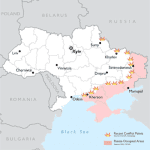 Une carte de l'Ukraine montant les territoires contrôlés par les Russes et les zones de conflit.