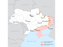 Une carte de l'Ukraine montant les territoires contrôlés par les Russes et les zones de conflit.