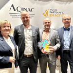 De gauche à droite : Mme Renée Henri (1re vice-présidente, AQINAC), M. Éric Mondou (vice-président, communication, marketing et division Campagnard), M. Christian Gonthier, agr., M. Sc. (vice-président, développement des affaires et opérations), M. Renald Mercier, agr. (président du conseil, AQINAC).