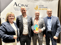 De gauche à droite : Mme Renée Henri (1re vice-présidente, AQINAC), M. Éric Mondou (vice-président, communication, marketing et division Campagnard), M. Christian Gonthier, agr., M. Sc. (vice-président, développement des affaires et opérations), M. Renald Mercier, agr. (président du conseil, AQINAC).