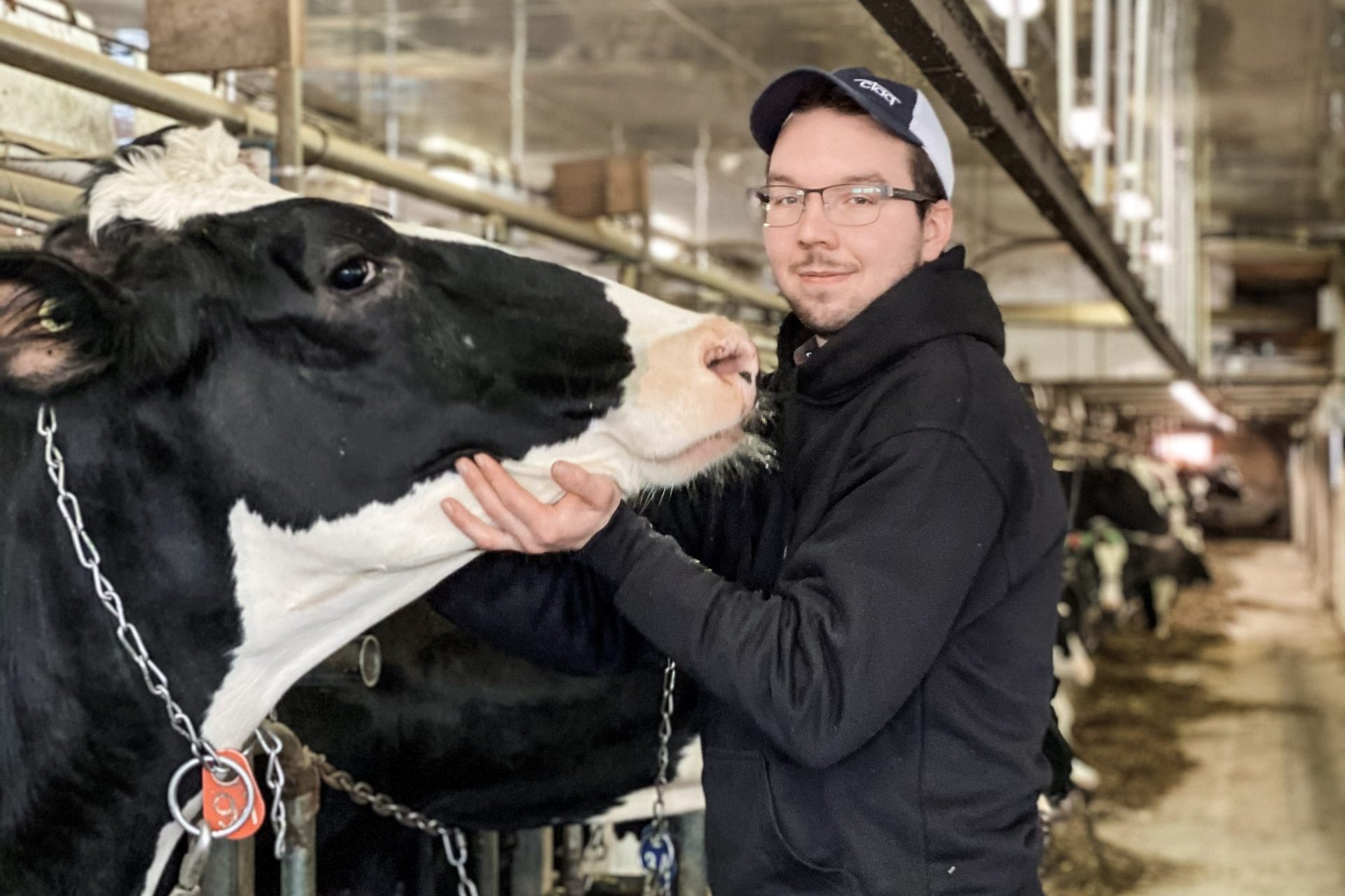 Francis Lessard pose avec une vache dans son étable.