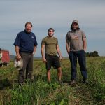 René Bessette et ses fils Jean-Philippe et Guillaume, les pieds dans la bande de 80 pieds qui a été cultivée en blé sur le tour d’un champ de maïs-ensilage.