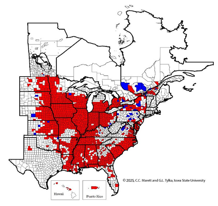 Les zones en bleu montrent ou le nématode a été détecté pour une première fois.
