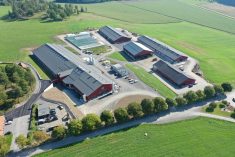 Sur cette photo, on voit l’étable des vaches laitières à gauche. Au fond à droite, c’est l’étable des génisses. Le long bâtiment à droite est l’étable de maternité et des jeunes veaux. En bas à droite, il s’agit de l’étable des vaches taries.