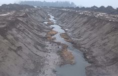 Une idée de l'ampleur du projet. Le sol à nu. Notez que ce cours d'eau est plein jusqu'en haut du talus quatre années sur cinq. On souhaite que les creusages se fassent en juillet-août-septembre afin que la végétation ait le temps de s'installer. On se croise les doigts pour que ça tienne
