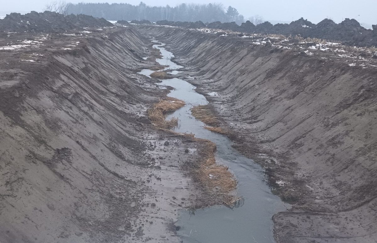 Une idée de l'ampleur du projet. Le sol à nu. Notez que ce cours d'eau est plein jusqu'en haut du talus quatre années sur cinq. On souhaite que les creusages se fassent en juillet-août-septembre afin que la végétation ait le temps de s'installer. On se croise les doigts pour que ça tienne
