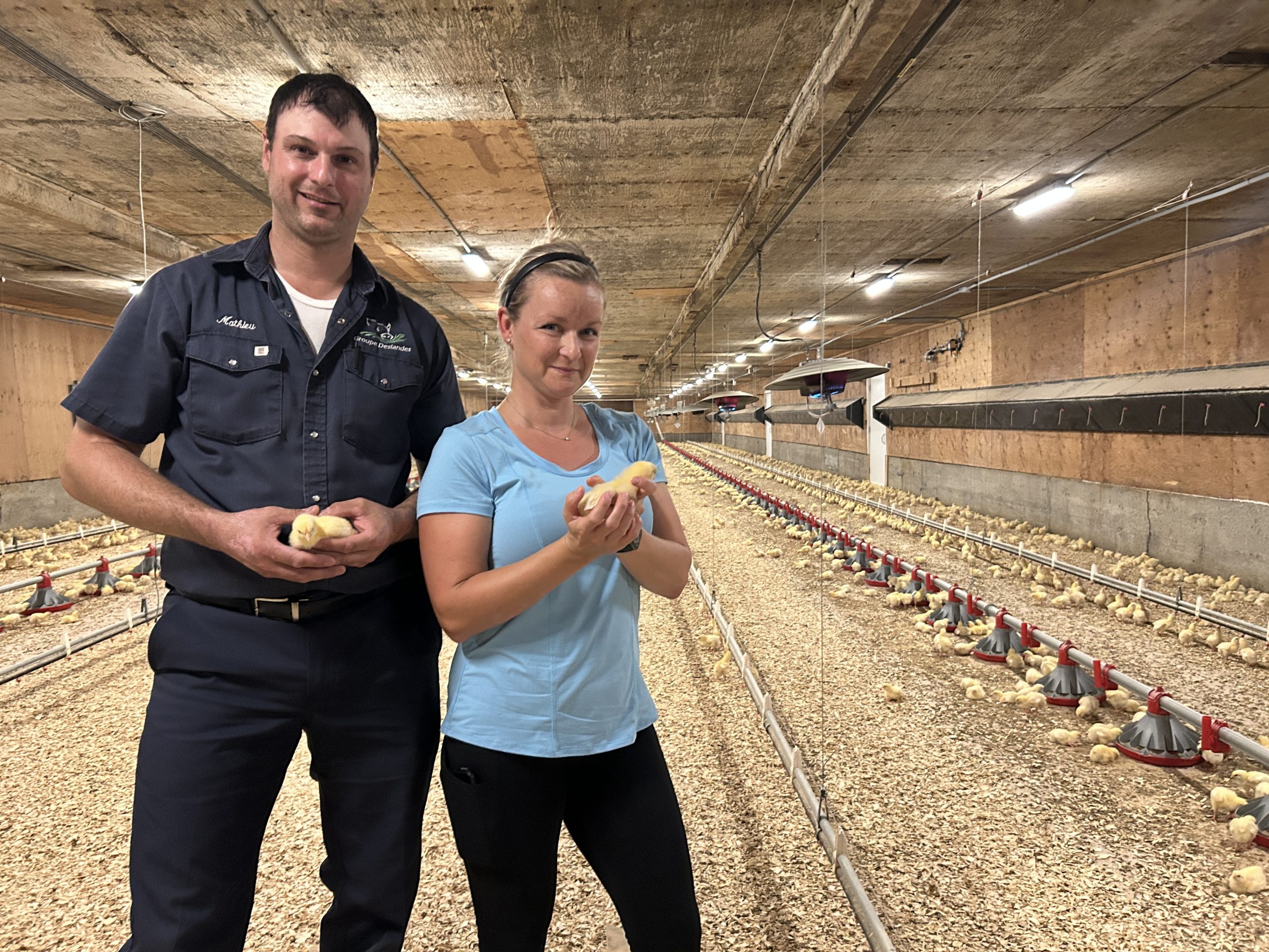 Mathieu Deslandes et Nancy dans leur poulailler.